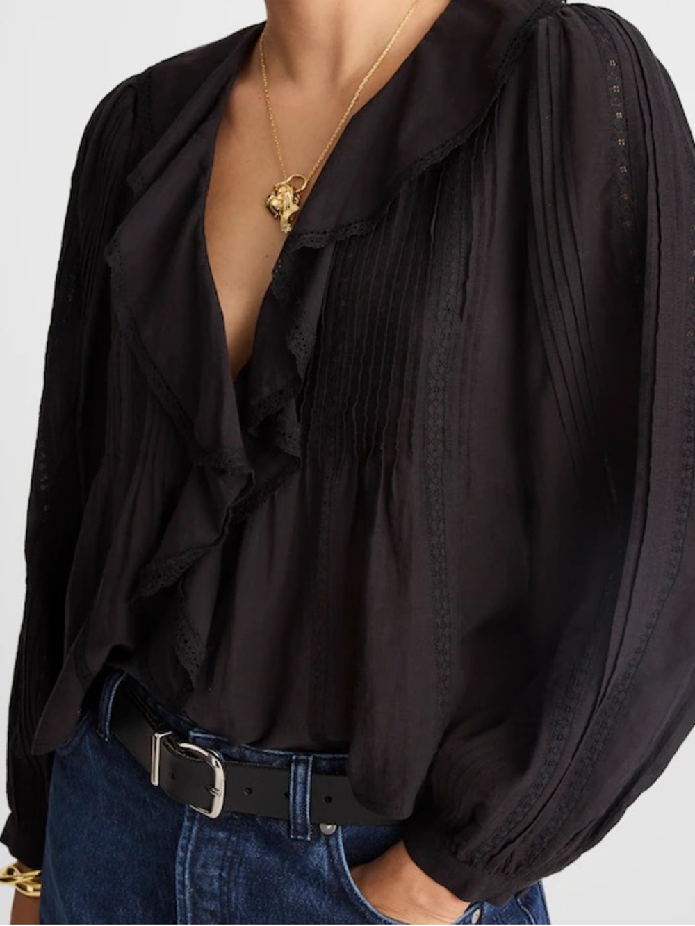 [Madewell] Lace-Insert Ruffled Pintuck Long-Sleeve Top